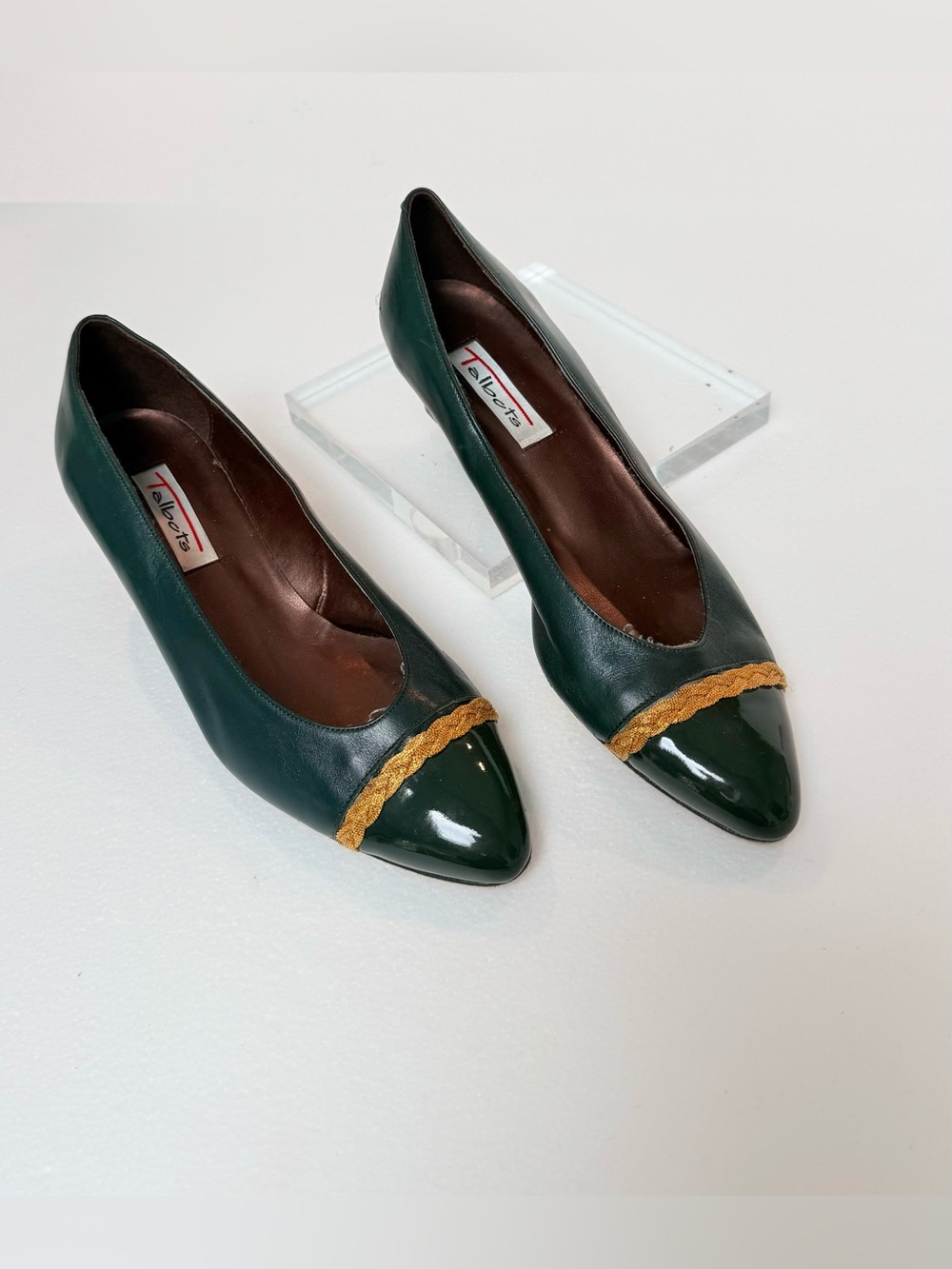 Talbots Dark Green Pointed Toe Flats with Gold Braid Trim